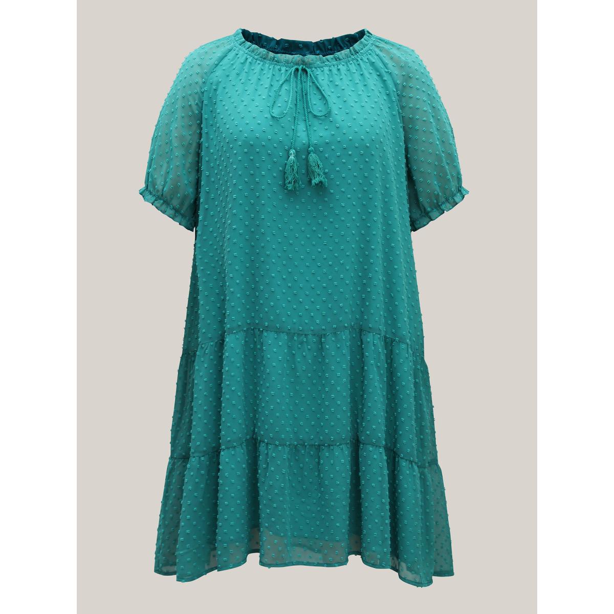 Plus Size Polka Dot Texture Tiered Tassel Midi Dress Emerald Women U-neck Half Sleeve Curvy BloomChic 10/M Product Image