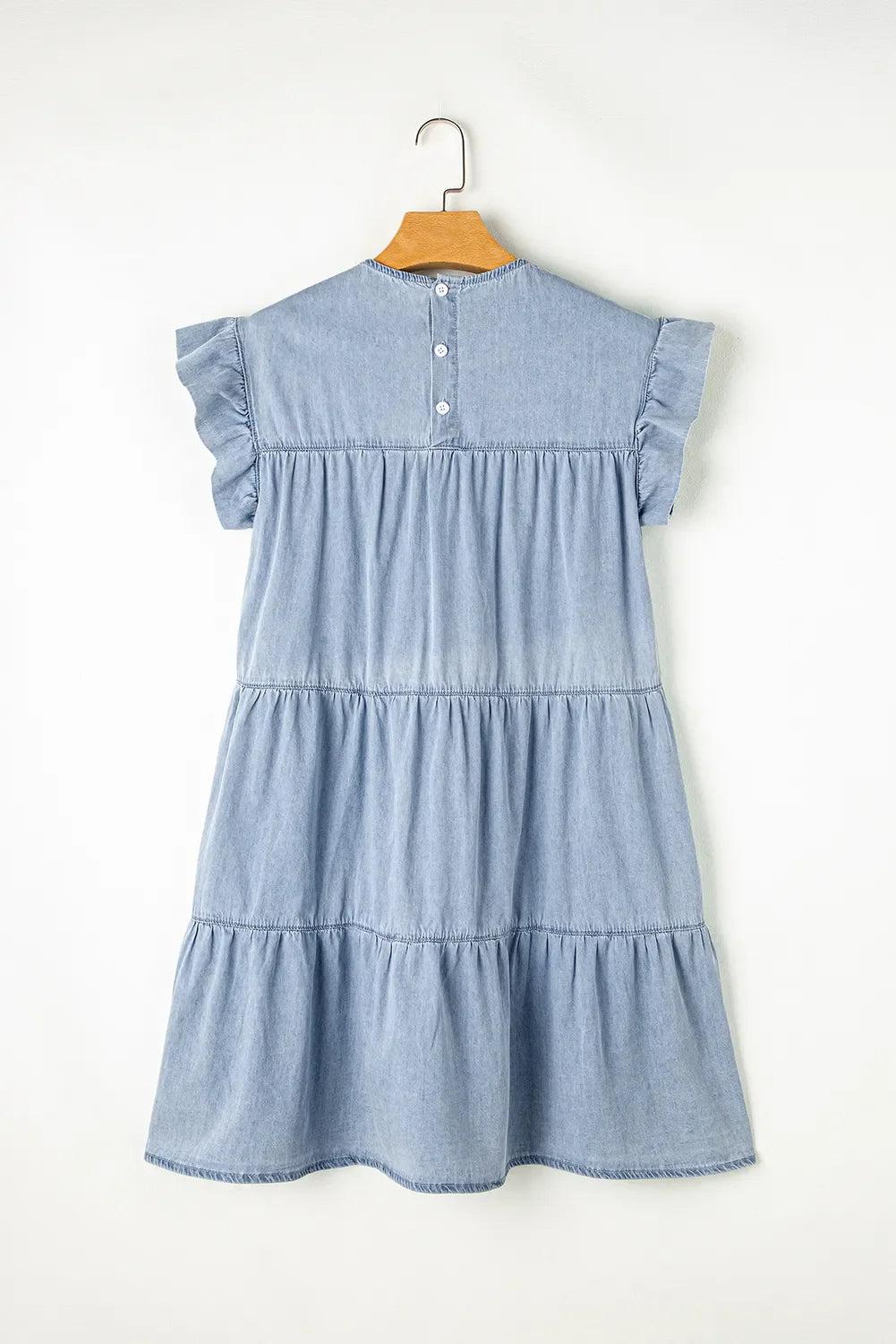 Hadley Ruffle Cap Sleeve Tiered A-line Denim Dress Product Image