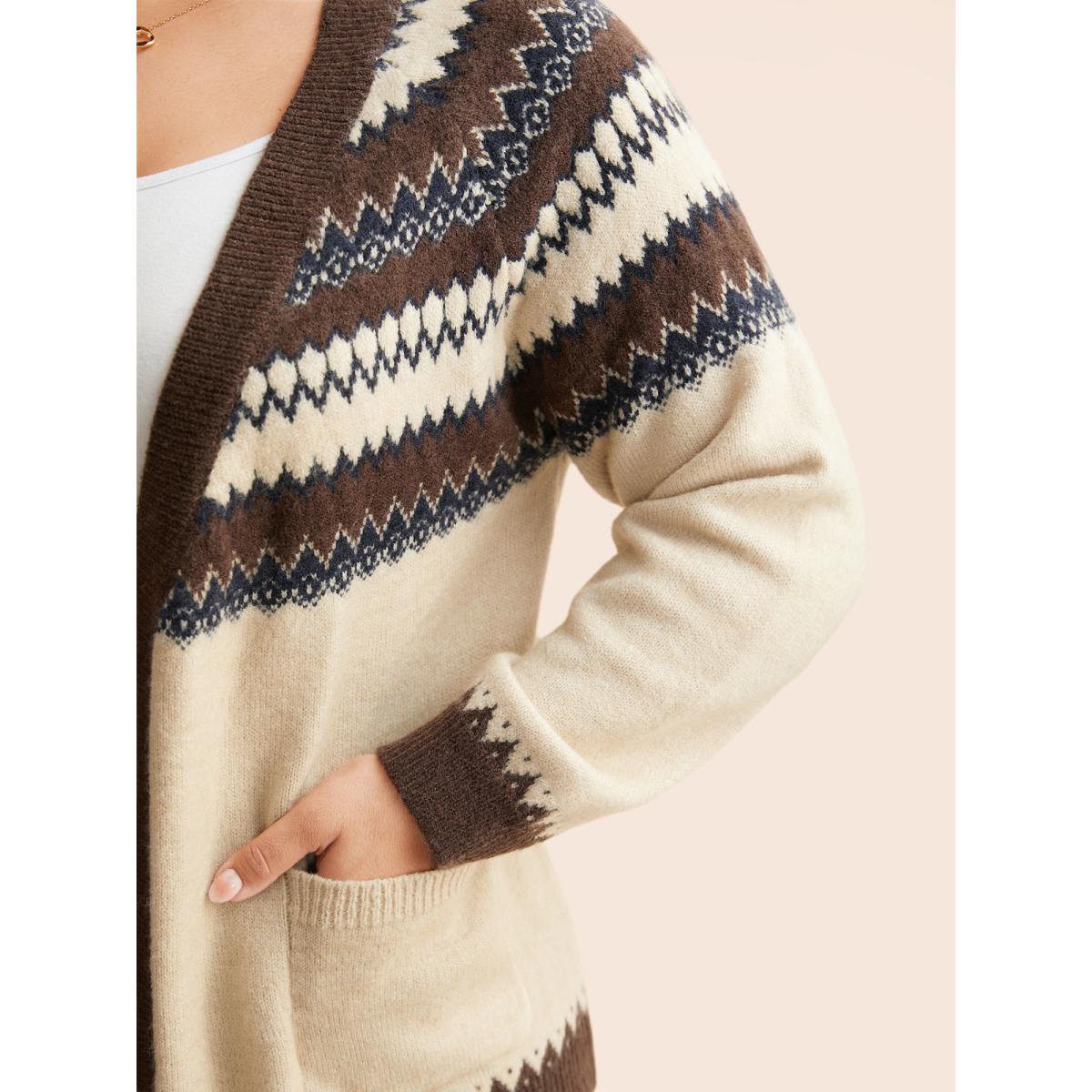 Plus Size Supersoft Essentials Bandana Jacquard Pocket Cardigan DarkBrown Women Leisure Loose Long Sleeve Casual Cardigans BloomChic 28/5X Product Image