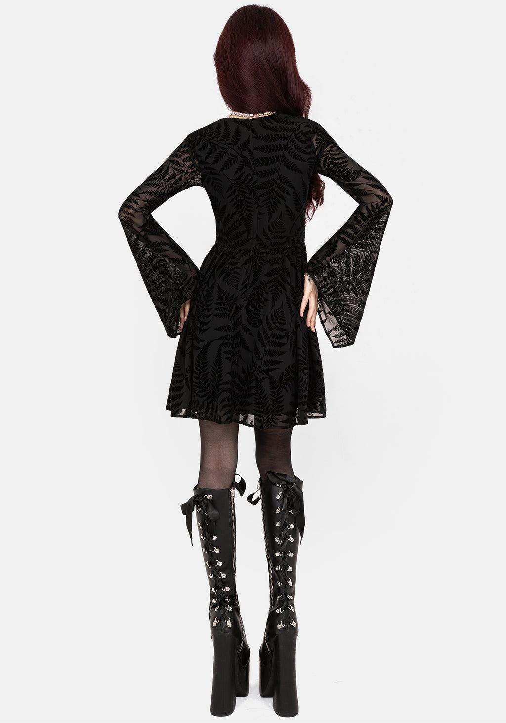 Lunafern Fern Leaf Flocked Mesh Flute Sleeve Mini Dress Product Image