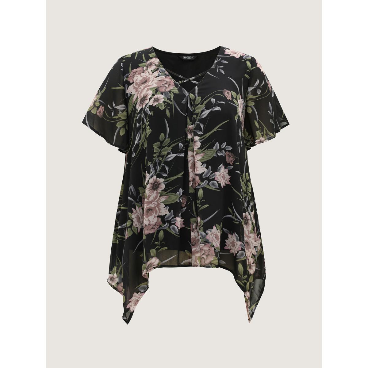 Plus Size Black Chiffon Floral Crisscross Hanky Hem Blouse Women Romantic Short sleeve V-neck Elegant Blouses BloomChic 14-16/1X Product Image