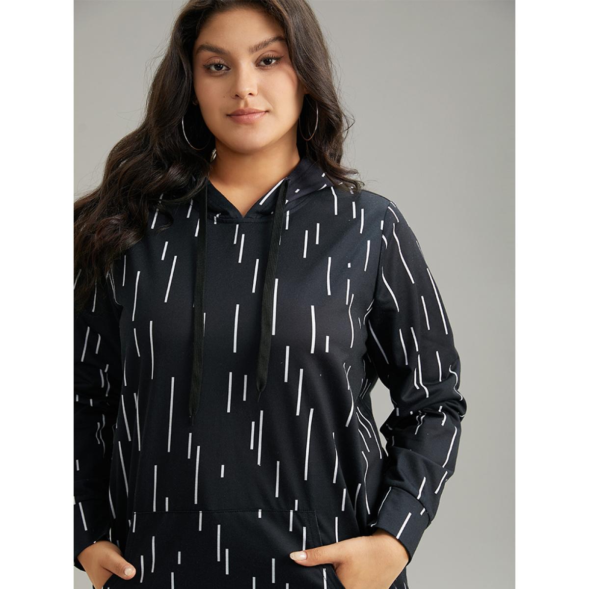 Plus Size Striped Asymmetrical kangaroo pocket Hooded Sweatshirt Women Black Casual Printed Hooded Dailywear Sweatshirts BloomChic 30/6X Product Image