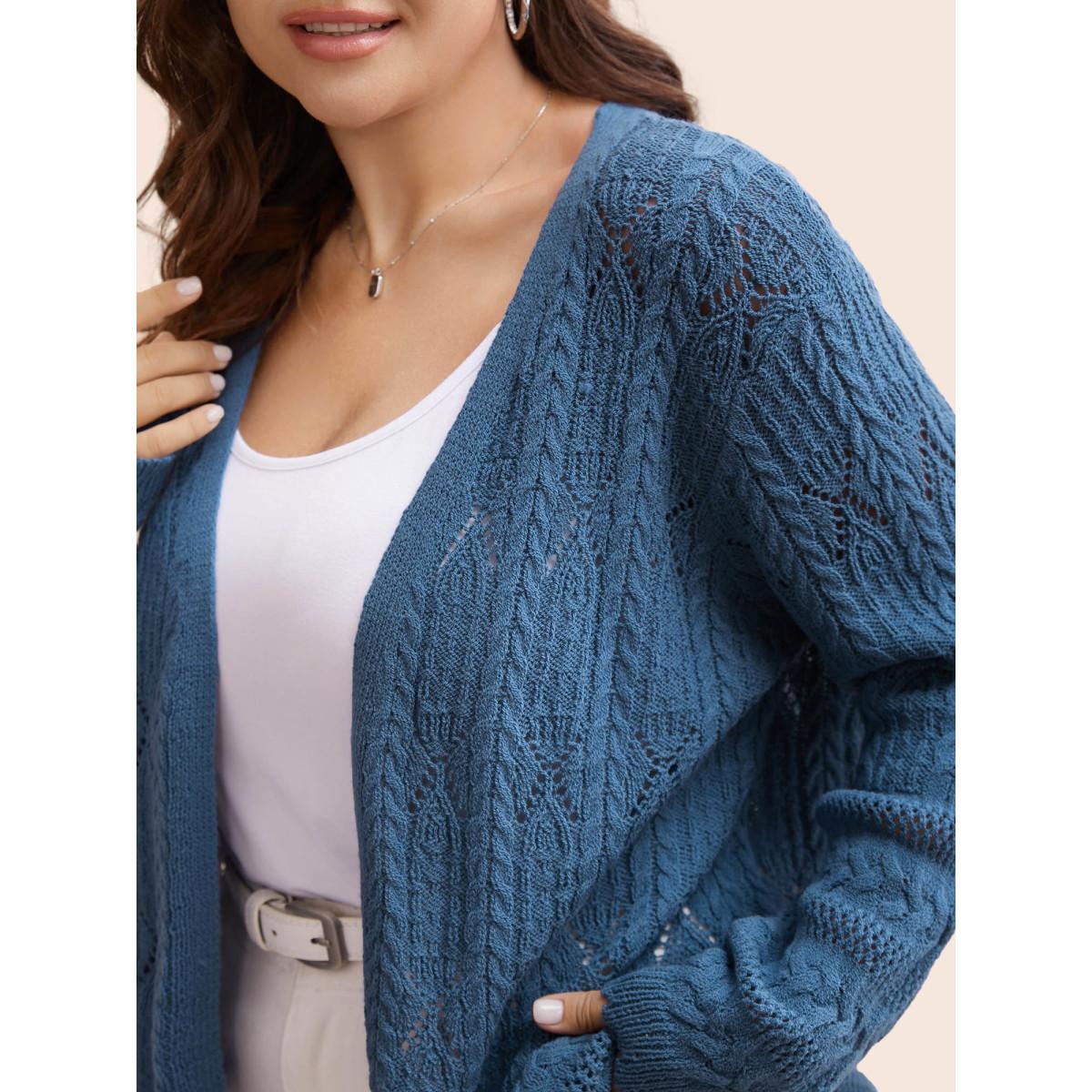 Plus Size Solid Scalloped Trim Cable Knit Cardigan Aegean Women Casual Loose Long Sleeve Everyday Cardigans BloomChic 26/4X Product Image