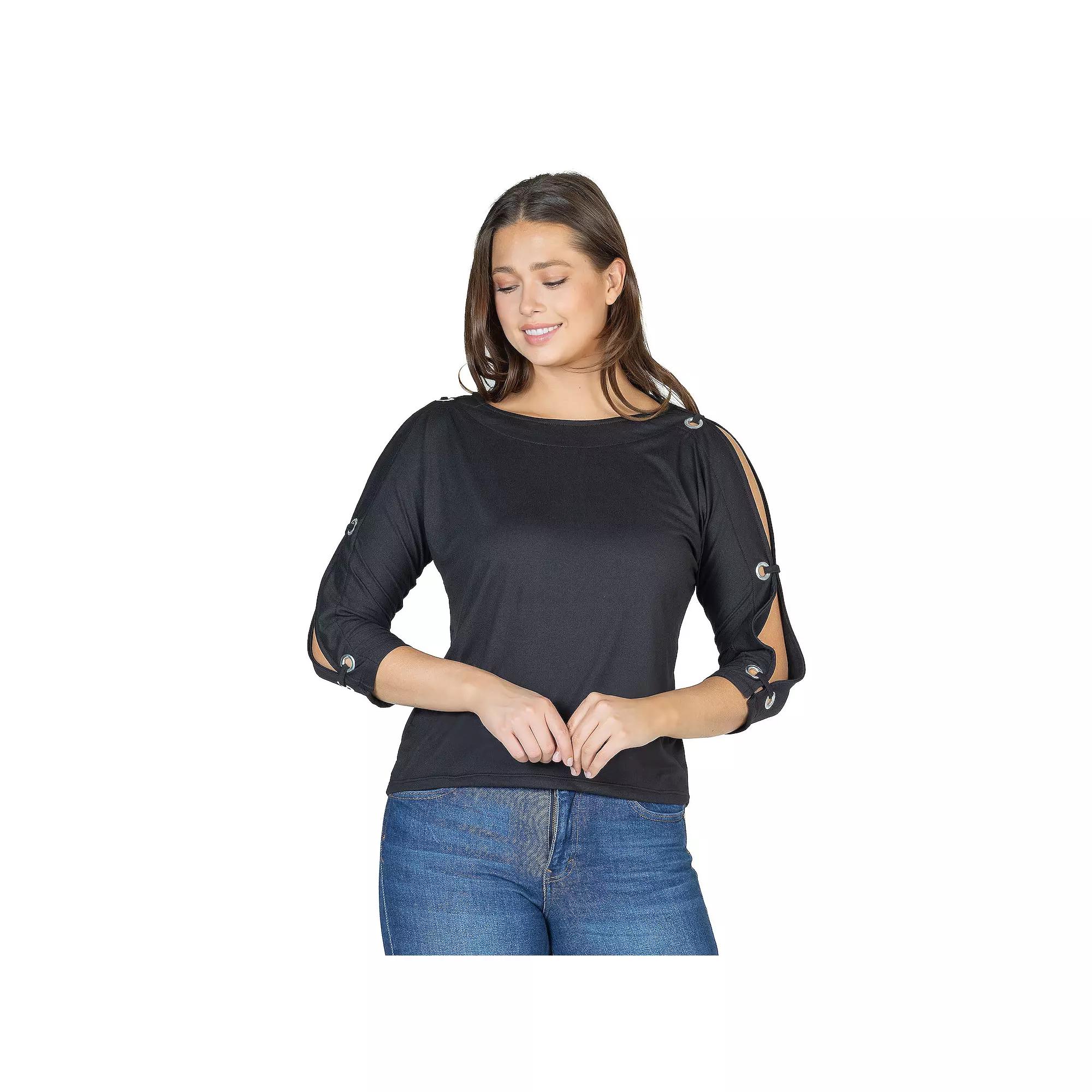 Women's 24Seven Comfort Apparel Three-Quarter Sleeve Boatneck Cold Shoulder Top,  Product Image