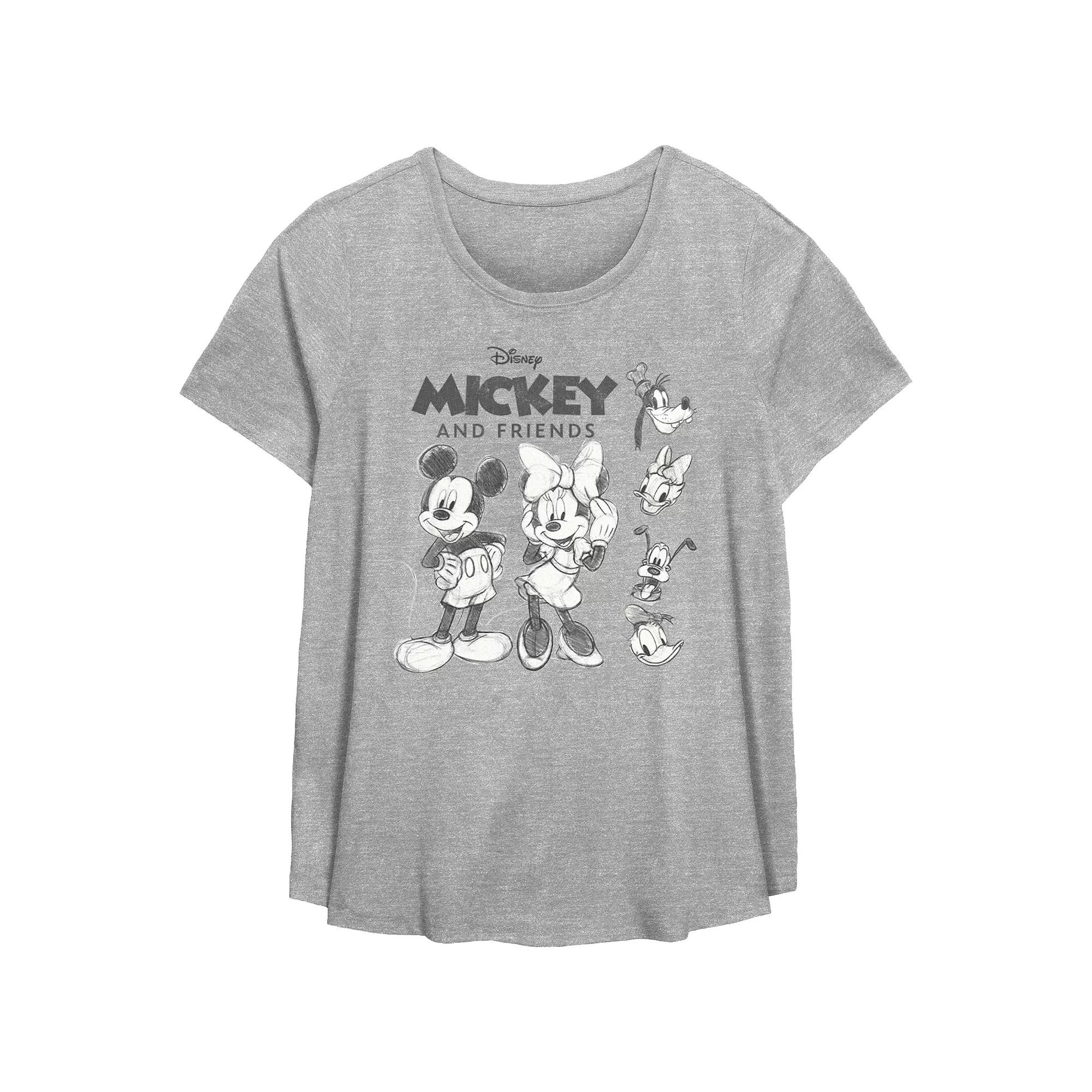 Disney's Mickey Mouse And Friends Black And White Sketches Plus Size Flowy Graphic Tee, Women's, Size: 5XL, Grey Gray Product Image