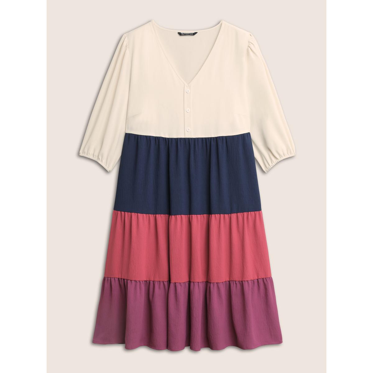 Plus Size Colorblock Contrast Button Detail Layered Hem Dress Multicolor Women Casual Non V-neck Elbow-length sleeve Curvy Midi Dress BloomChic 12/L Product Image