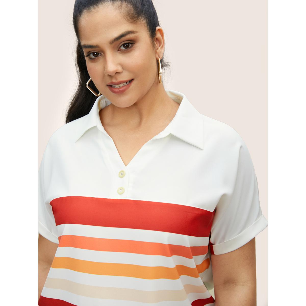 Plus Size Multicolor Striped Contrast Shirt Collar Batwing Sleeve Blouse Women Casual Short sleeve Shirt collar Everyday Blouses BloomChic 12/L Product Image