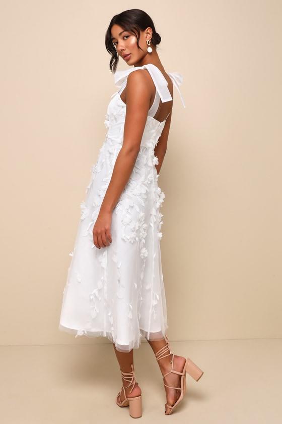 Effortlessly Sweet White Tulle 3D Floral Tie-Strap Midi Dress Product Image
