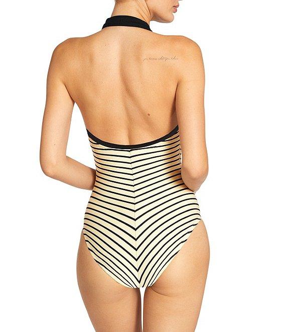 ROBIN PICCONE Parker Stripe Point Collar V-Neck Plunge One Piece Swimsuit Product Image