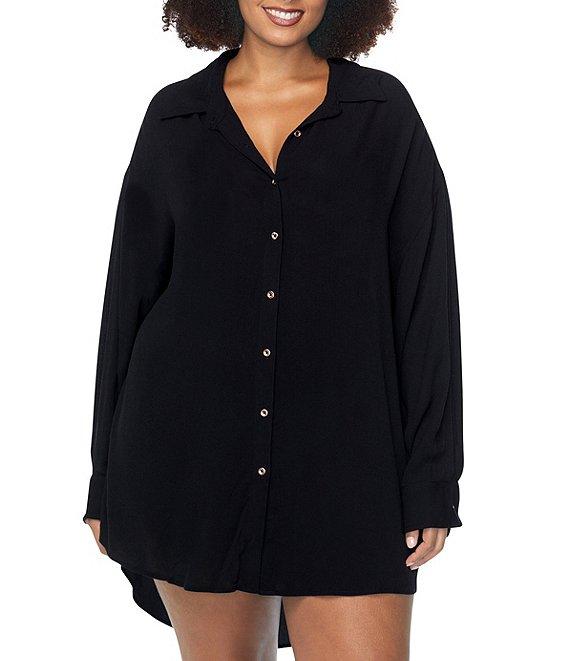 Raisins Curve Plus Size Seychelles Point Collar Button Front Shirt Swim Cover-Up Product Image