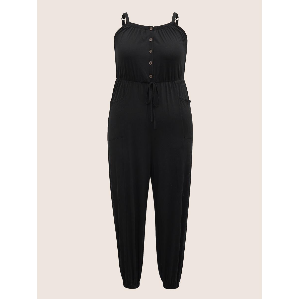 Plus Size Black Plain Ties Patched Pocket Cami Jumpsuit Women Casual Sleeveless Non Everyday Loose Jumpsuits BloomChic 22-24/3X Product Image