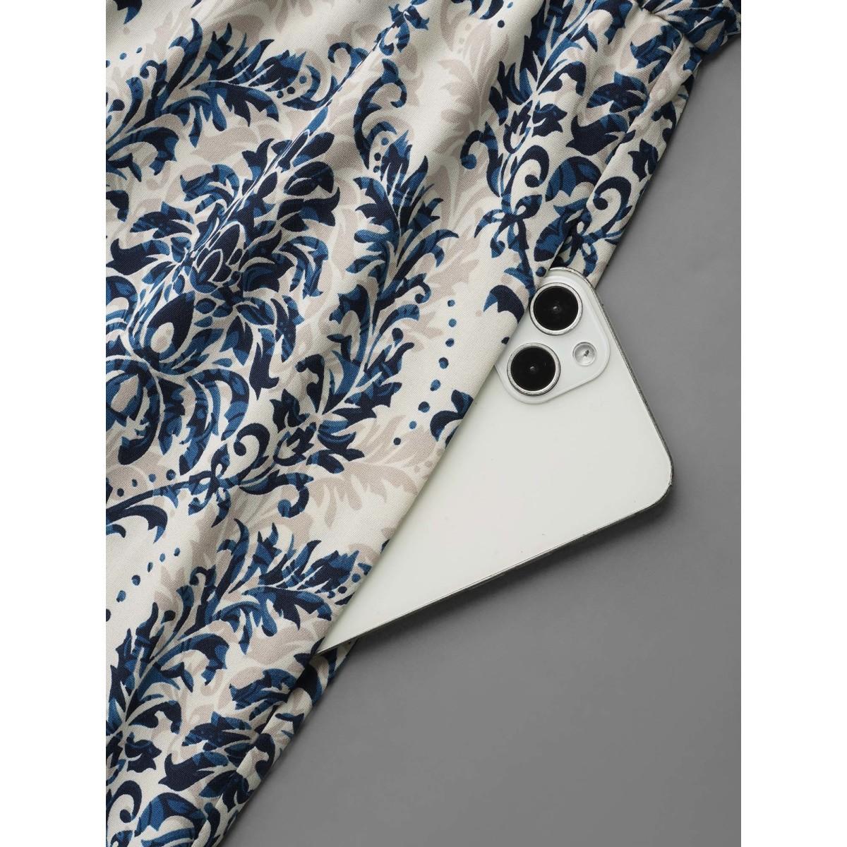 Plus Size Mediumblue Surplice Neck Ornate Print Ties Straight-Leg Jumpsuit Women Boho Half Sleeve Overlap Collar Vacation Loose Jumpsuits BloomChic 10/M Product Image