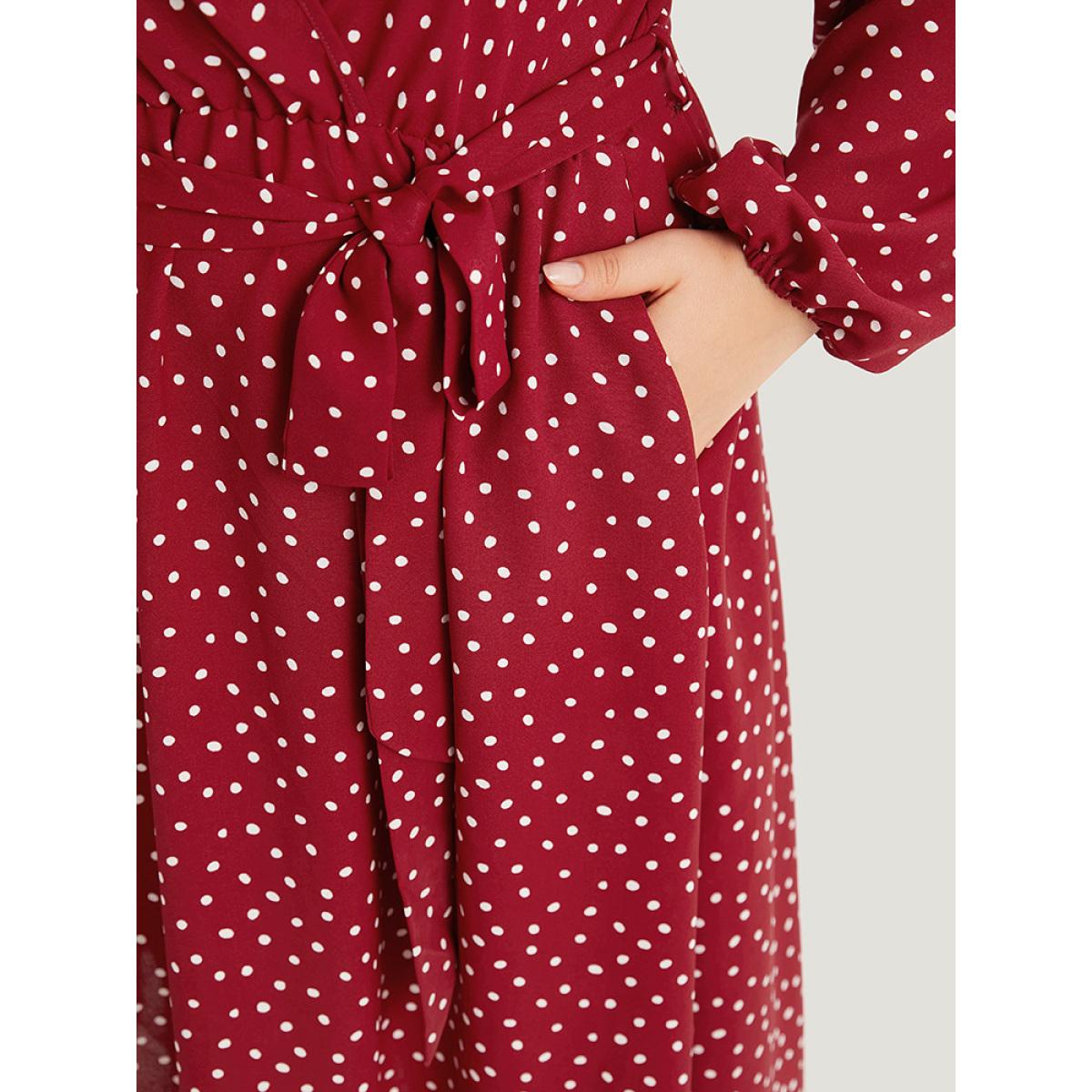 Plus Size Polka Dot Split Side Belted Lantern Sleeve Dress Scarlet Women Elegant Elastic cuffs V-neck Long Sleeve Curvy Midi Dress BloomChic 18-20/2X Product Image
