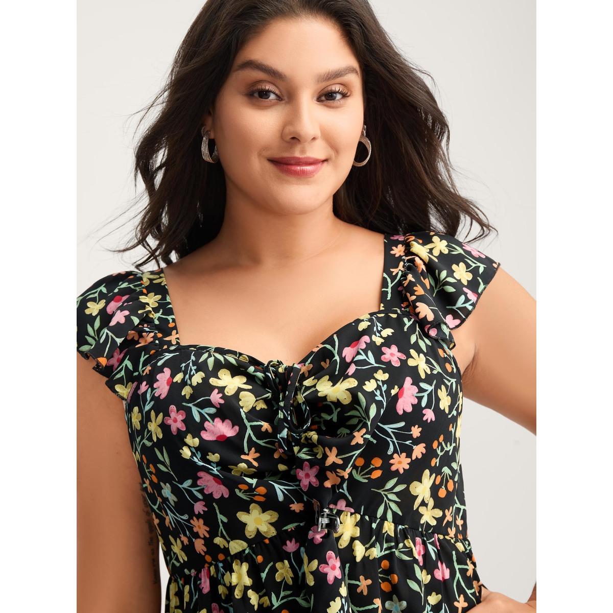 Plus Size Floral Ruched Bodice Sweetheart Tank Top Women Black Gathered Square Neck Everyday-Elegant Tank Tops Camis BloomChic 14-16/1X Product Image