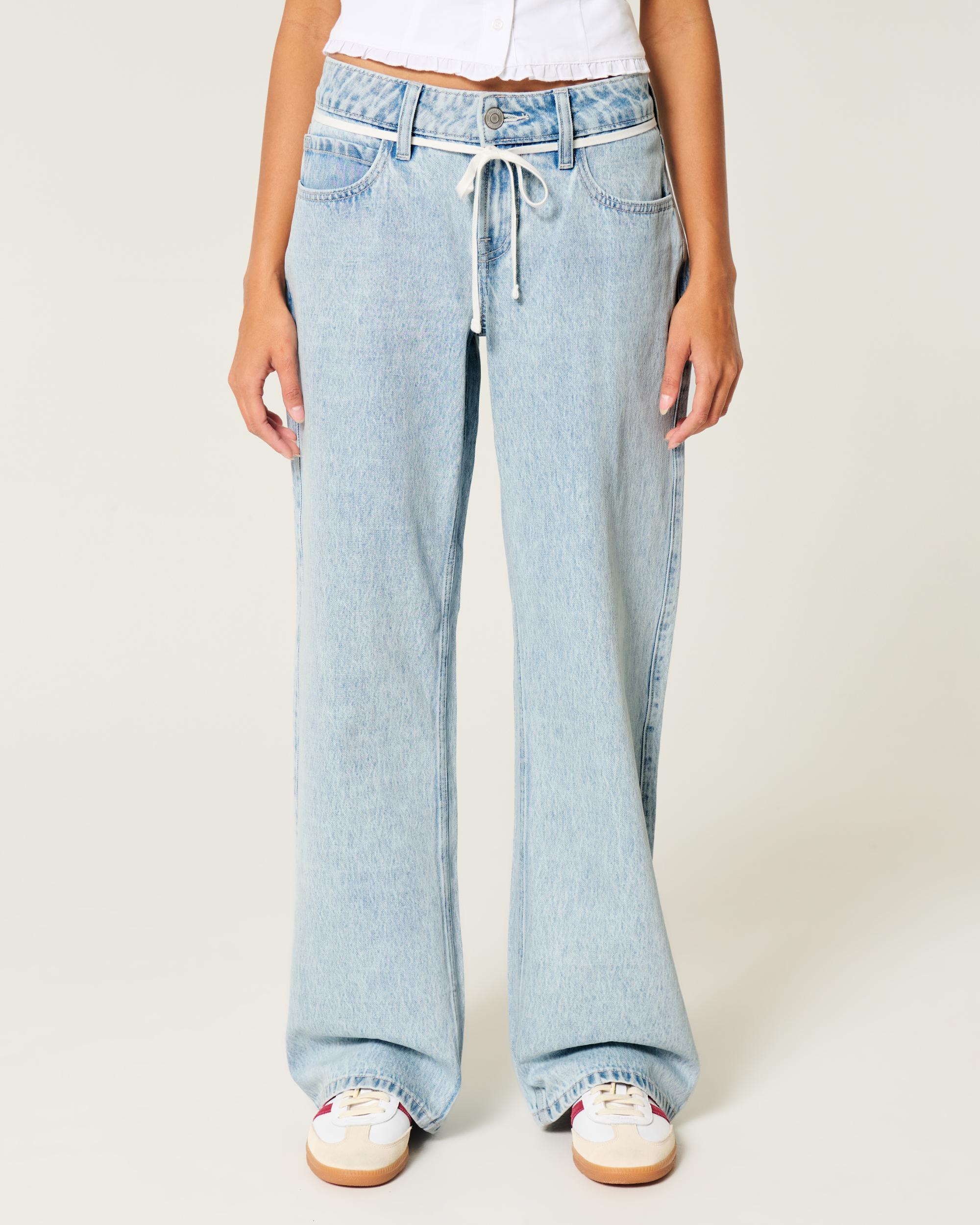 Low-Rise Light Wash Tie-Waist Baggy Jeans Product Image
