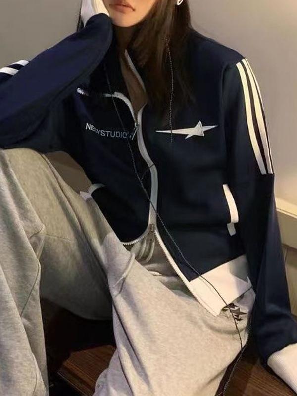 Contrast Color Embroidery Double Zipper Jacket Product Image