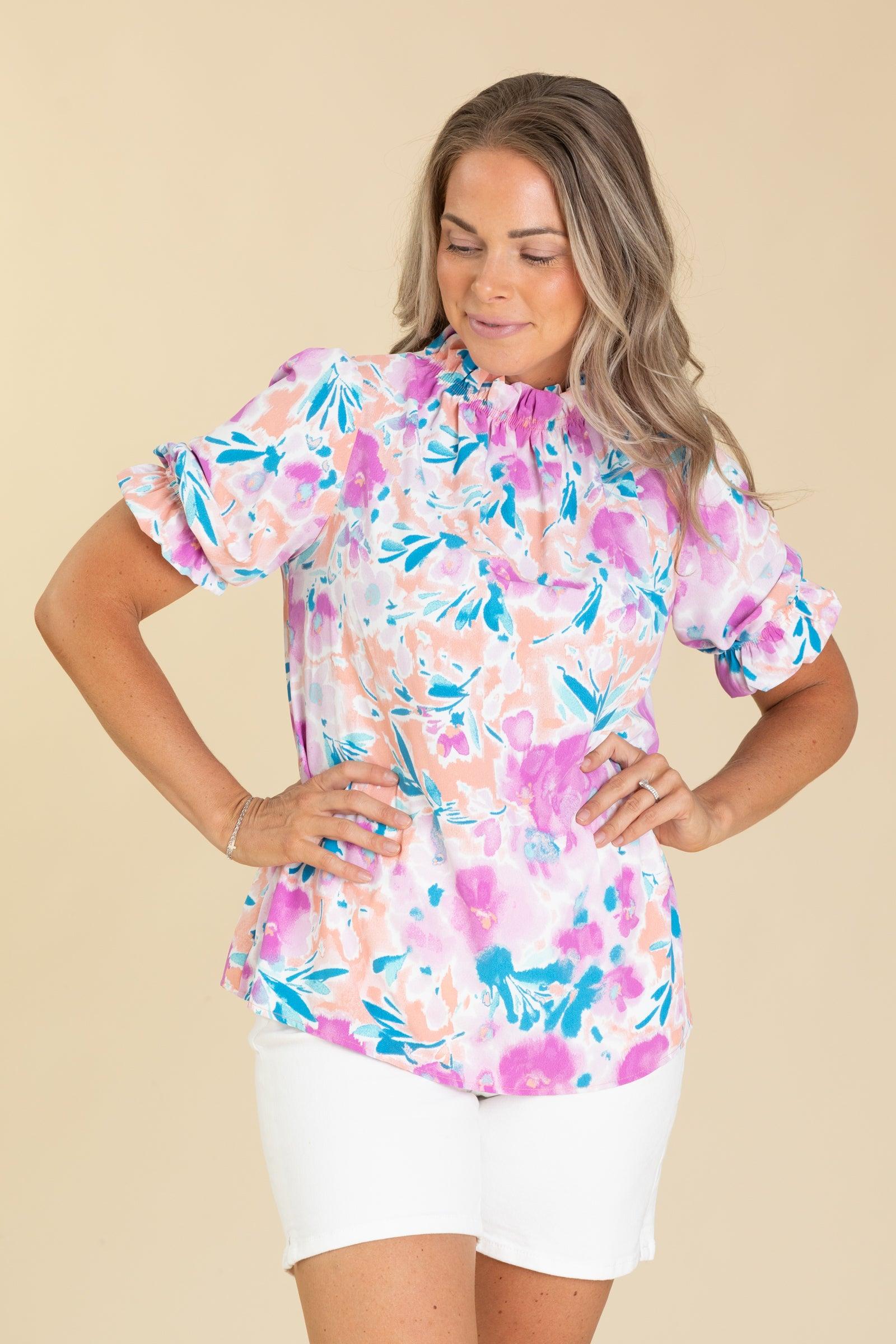 Peach and Teal Ruffle Neck Floral Woven Top Product Image