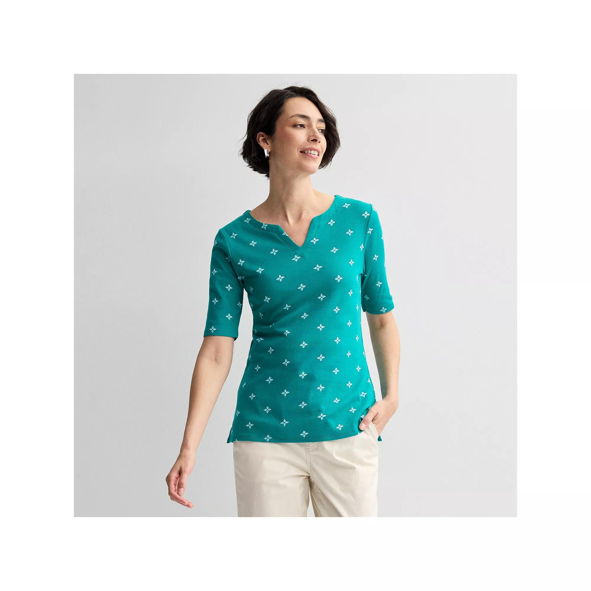 Petite Croft & Barrow® Elbow Sleeve Splitneck Top, Women's,  Product Image