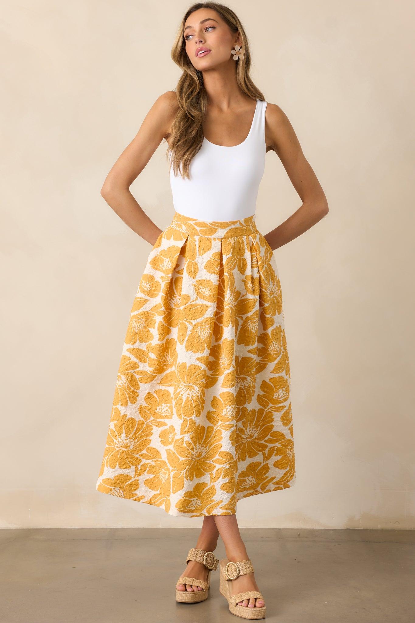 Golden Hour Yellow Floral Jacquard Midi Skirt Product Image