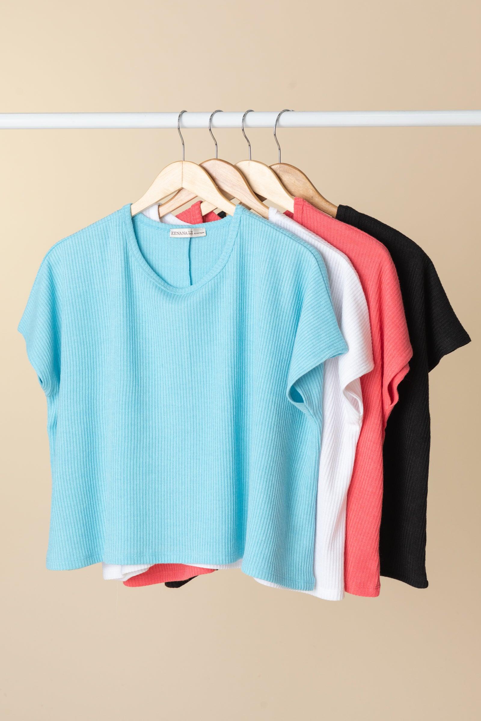 Ribbed Short Sleeve Round Neck Knit Tops Product Image