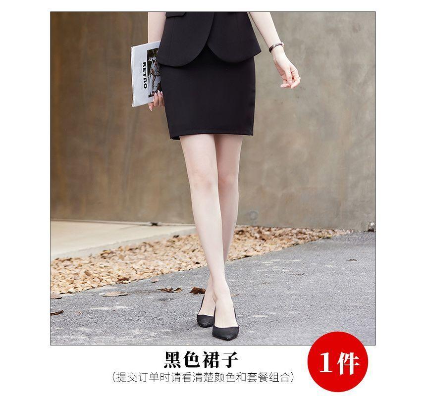 Short-Sleeve Notch Lapel Plain Double Breasted Blazer / High Rise Plain Mini Pencil Skirt / High Rise Cropped Tapered Suit Pants Product Image