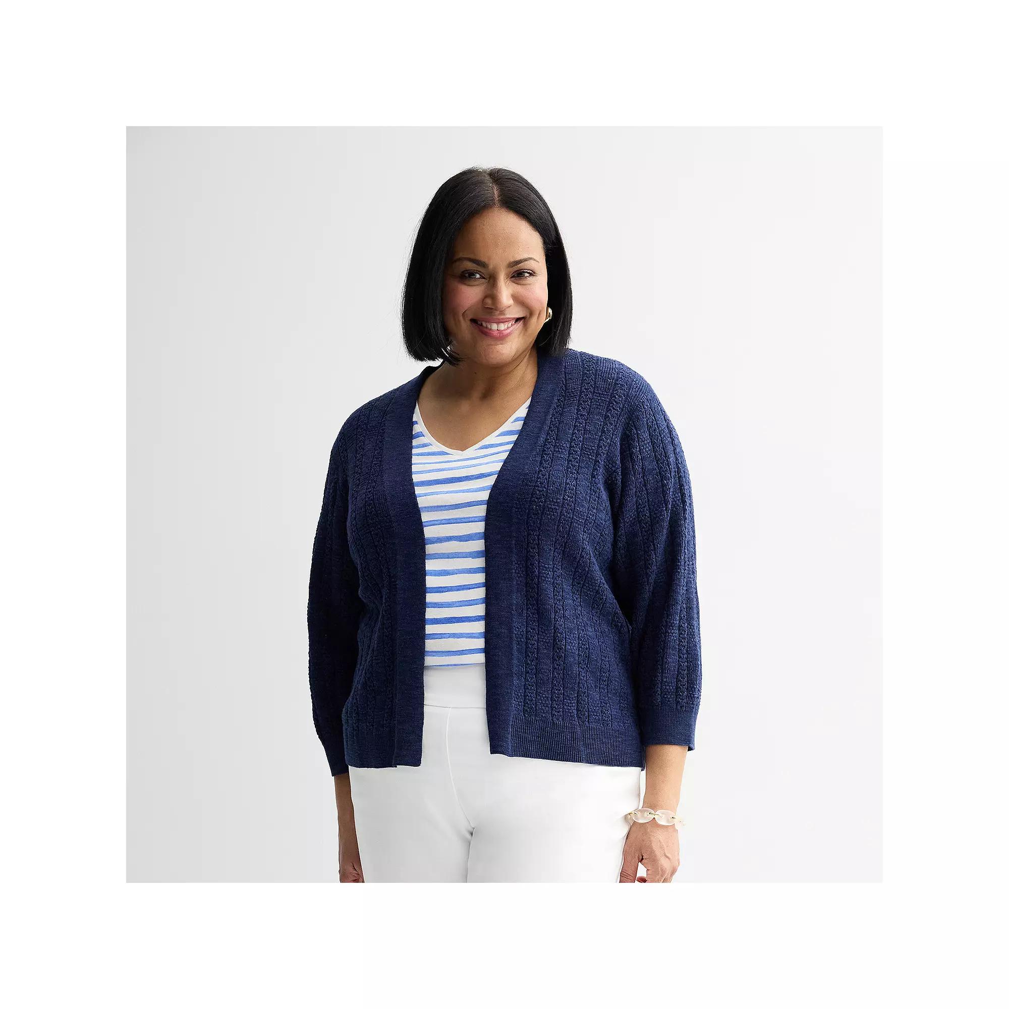 Plus Size Croft & Barrow Pointelle Basket Open Front Cardigan, Womens Blue Product Image
