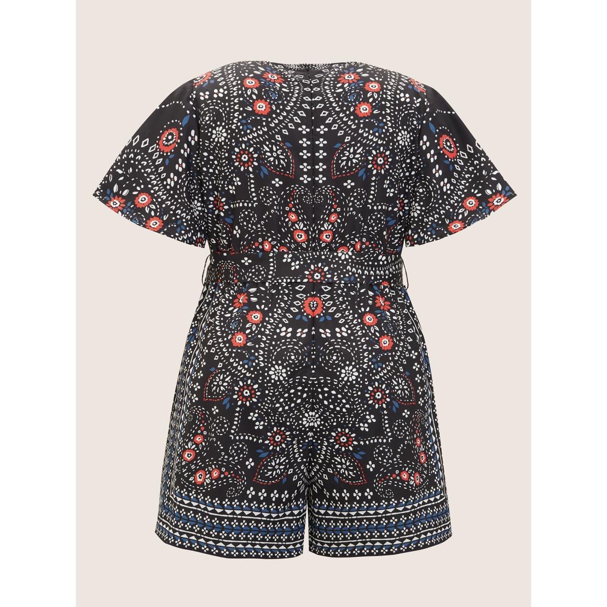 Plus Size Black Bandana Print Belted Pocket Surplice Neck Romper Women Resort Short sleeve V-neck Vacation Loose Jumpsuits BloomChic 18-20/2X Product Image