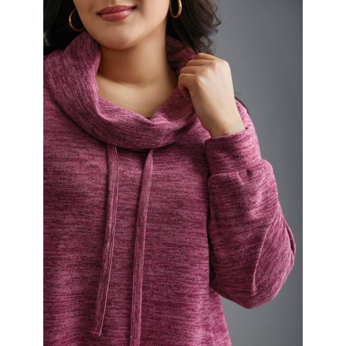 Plus Size Cowl Neck Plain Heather Drawstring Sweatshirt Women RedViolet Casual Drawstring Loose Ruffled collar Everyday Sweatshirts BloomChic 22-24/3X Product Image