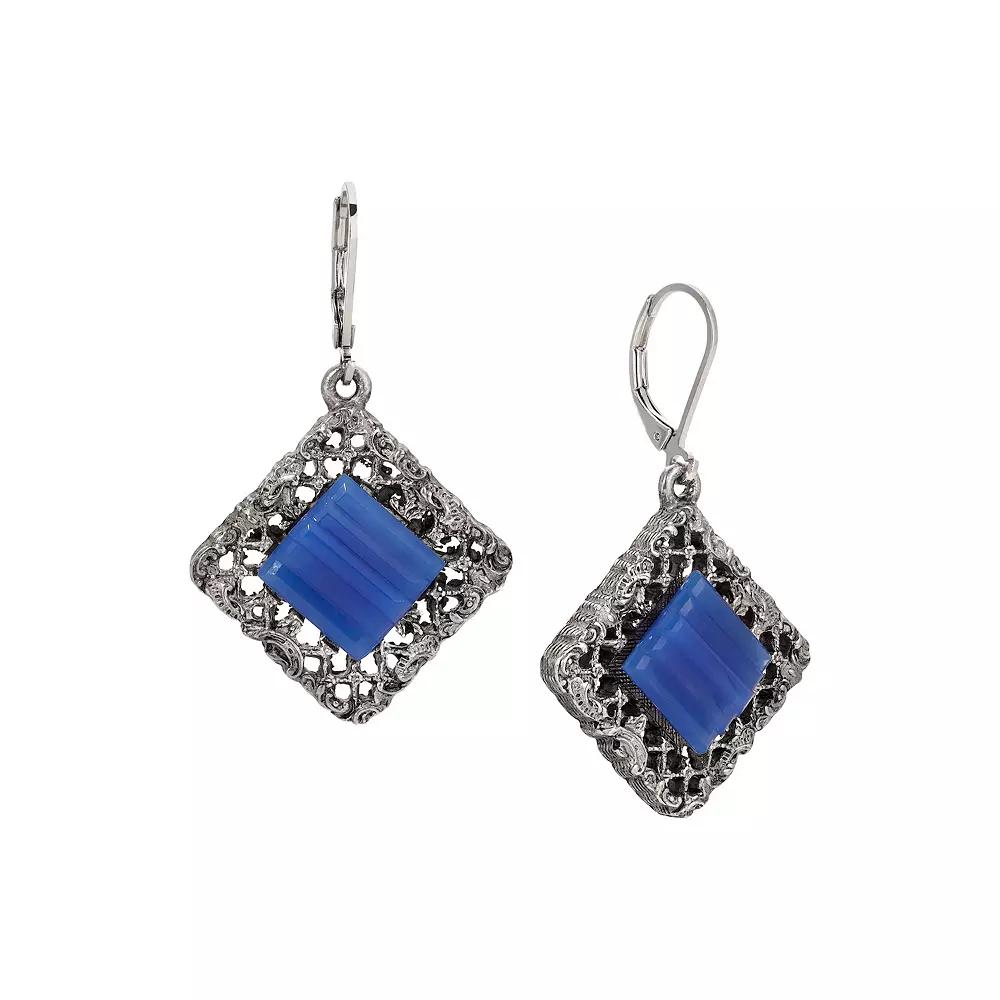 1928 Pewter Blue Glass Stone Leverback Earrings, Women's Product Image