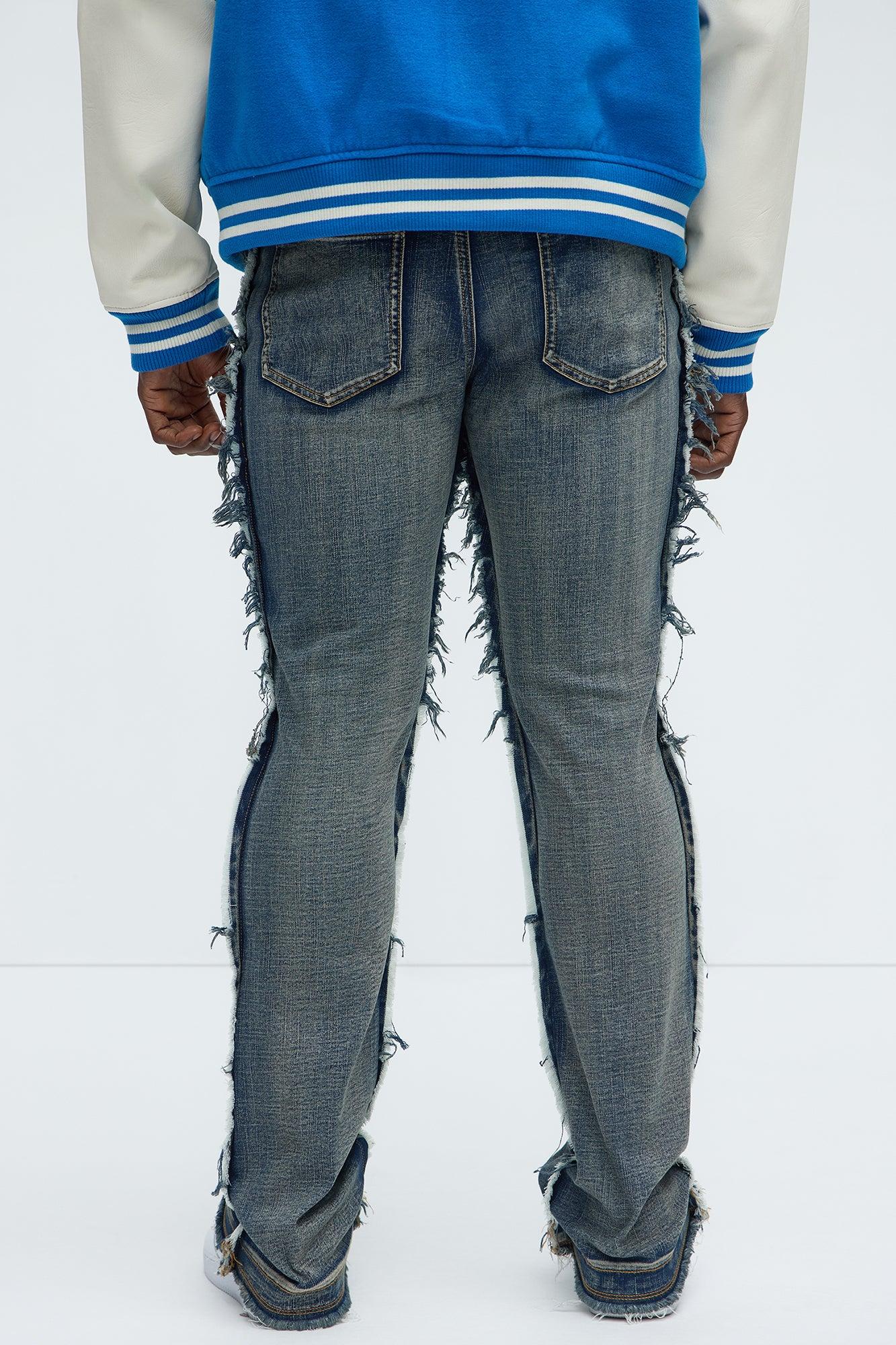 Diagonal Frayed Stacked Skinny Flare Jeans - Dark Wash Product Image