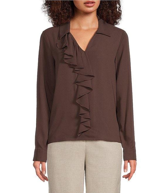 Calvin Klein Georgette Collared V-Neck Long Sleeve Ruffle Front Blouse Product Image