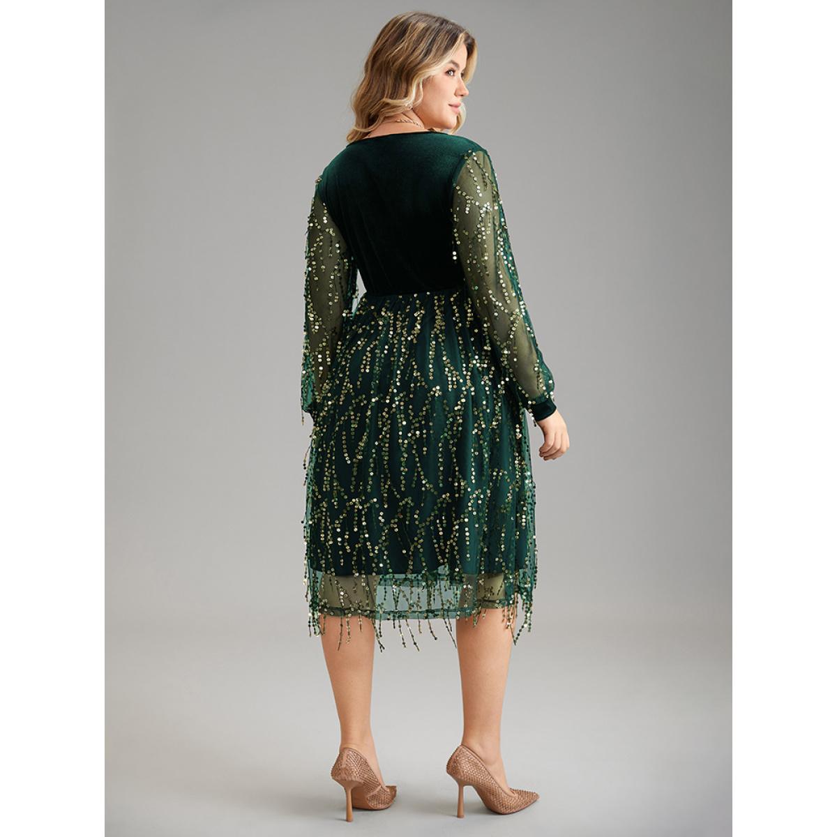 Plus Size Velvet Sequin Tassels Mesh Surplice Neck Dress Green Women Cocktail Sequin Overlap Collar Long Sleeve Curvy Midi Dress BloomChic 10/M Product Image