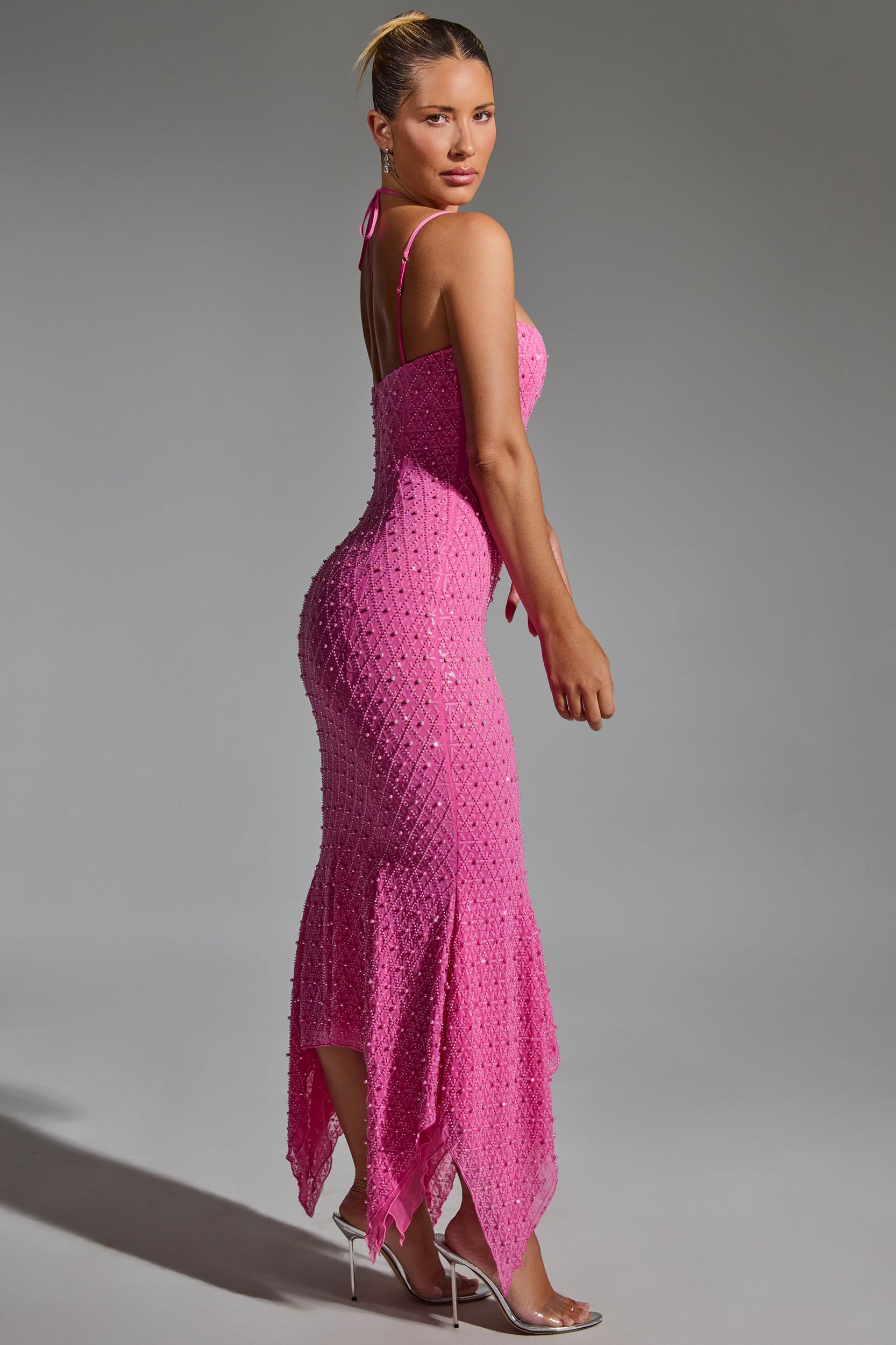 Embellished Cut-Out Asymmetric Midaxi Dress in Hot Pink Product Image