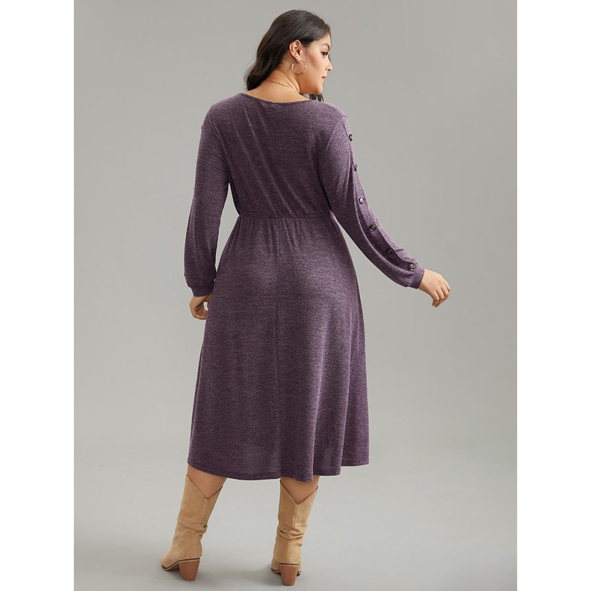 Plus Size Plisse Solid Side Button Detail Dress Purple Women Casual Plain Round Neck Long Sleeve Curvy Midi Dress BloomChic 28/5X Product Image