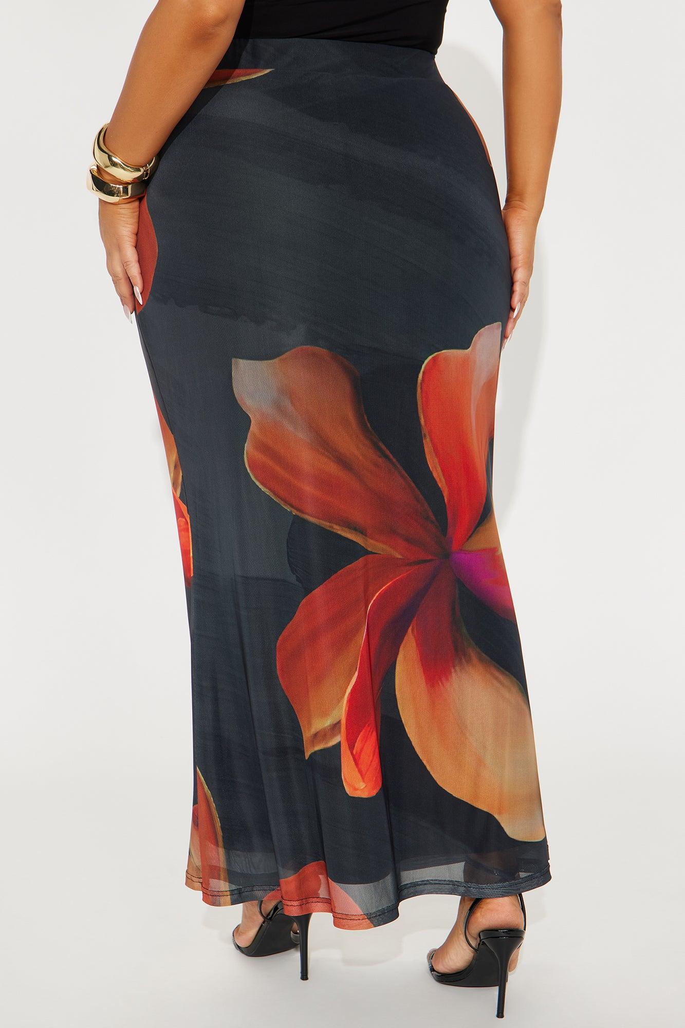 Into The Night Floral Mesh Maxi Skirt - Black/Orange Product Image