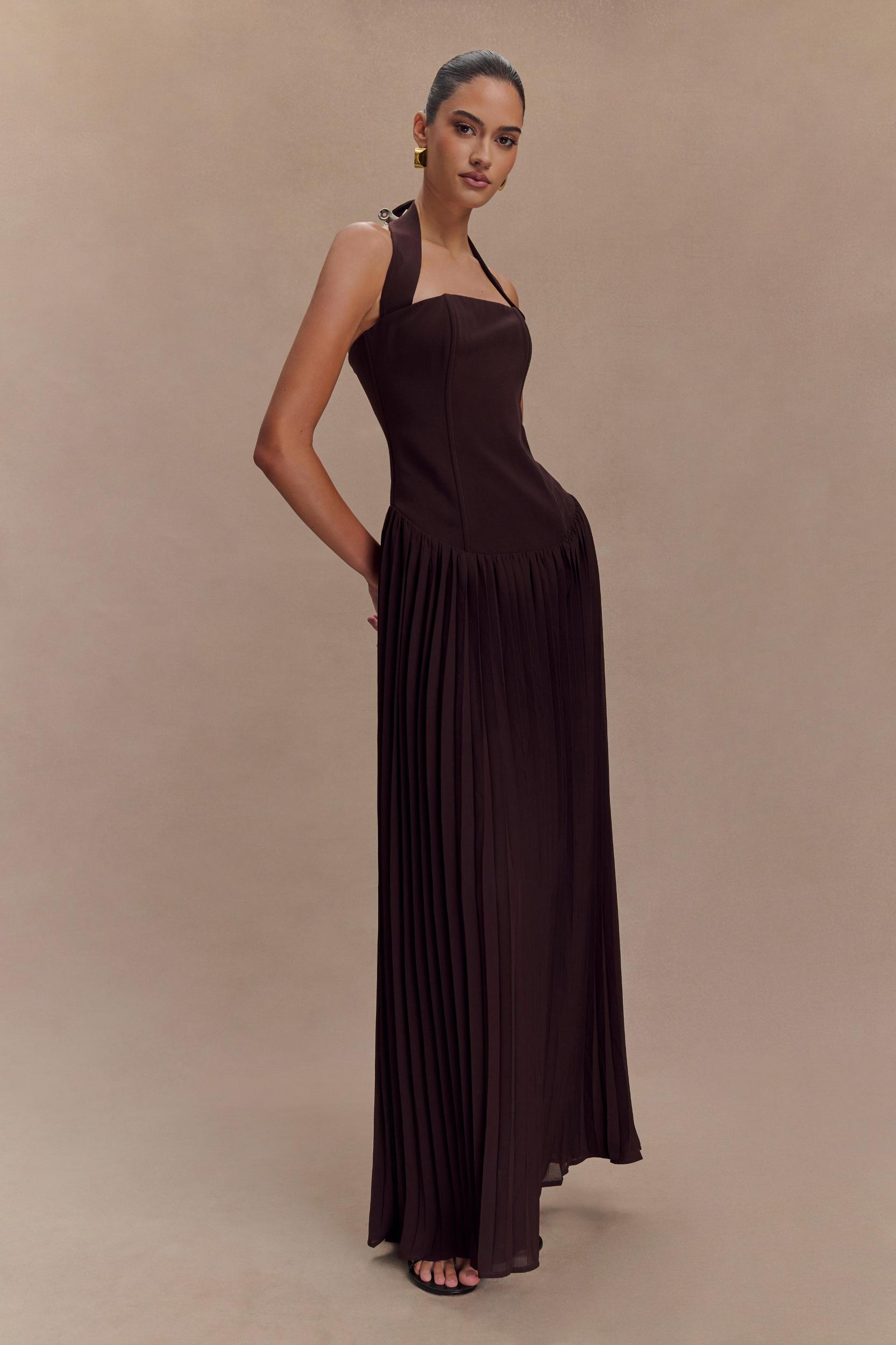 Stacie Pleated Halter Maxi Dress - Cacao Product Image