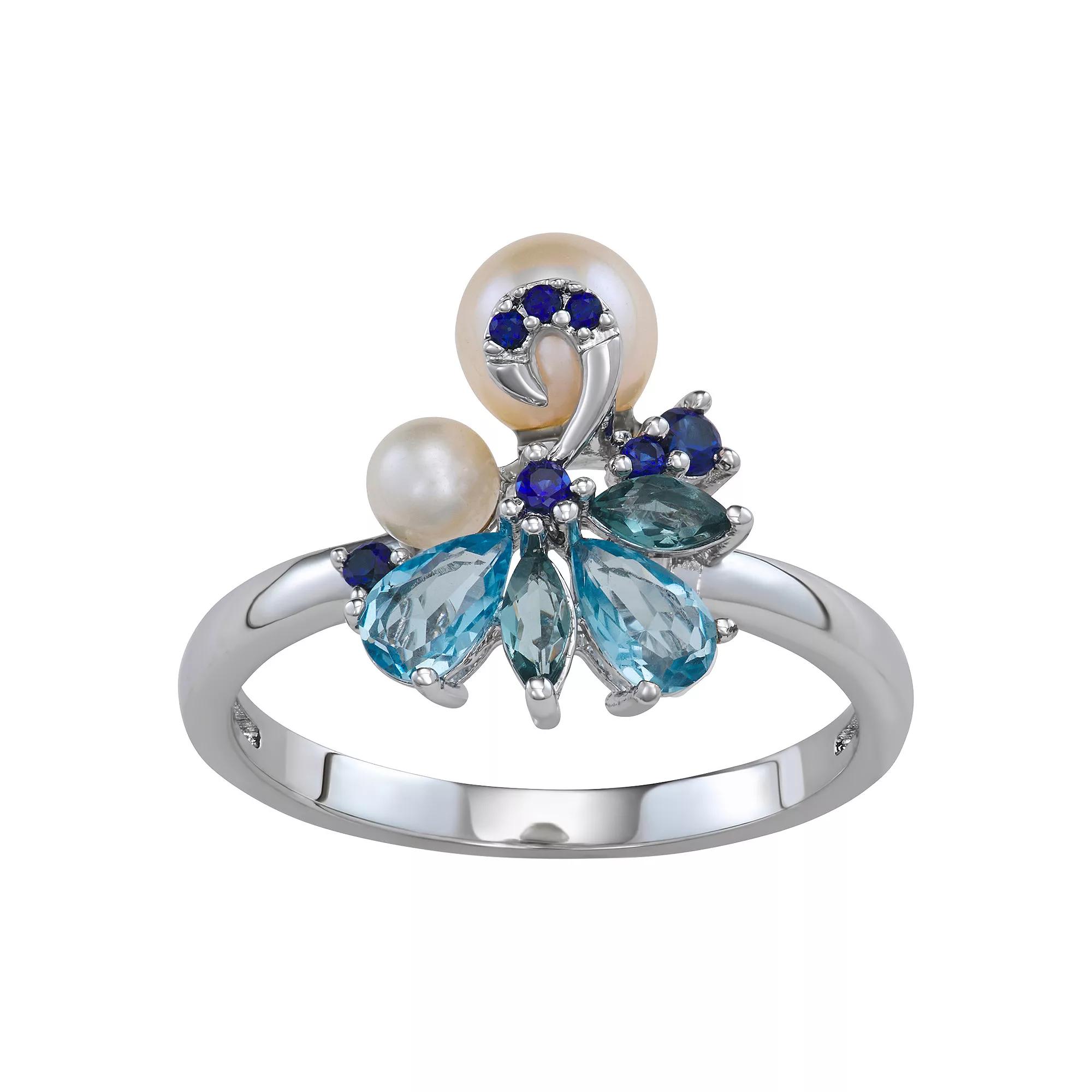 Sterling Silver Freshwater Cultured Pearl Blue Topaz & Lab-Created Sapphire Cluster Ring, Women's, Size: 7 Product Image