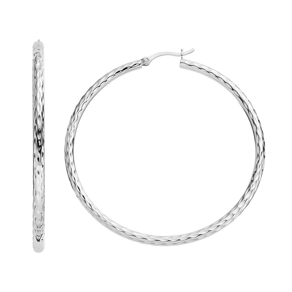 Platinum Over Silver Textured Hoop Earrings, Women's, Grey Product Image