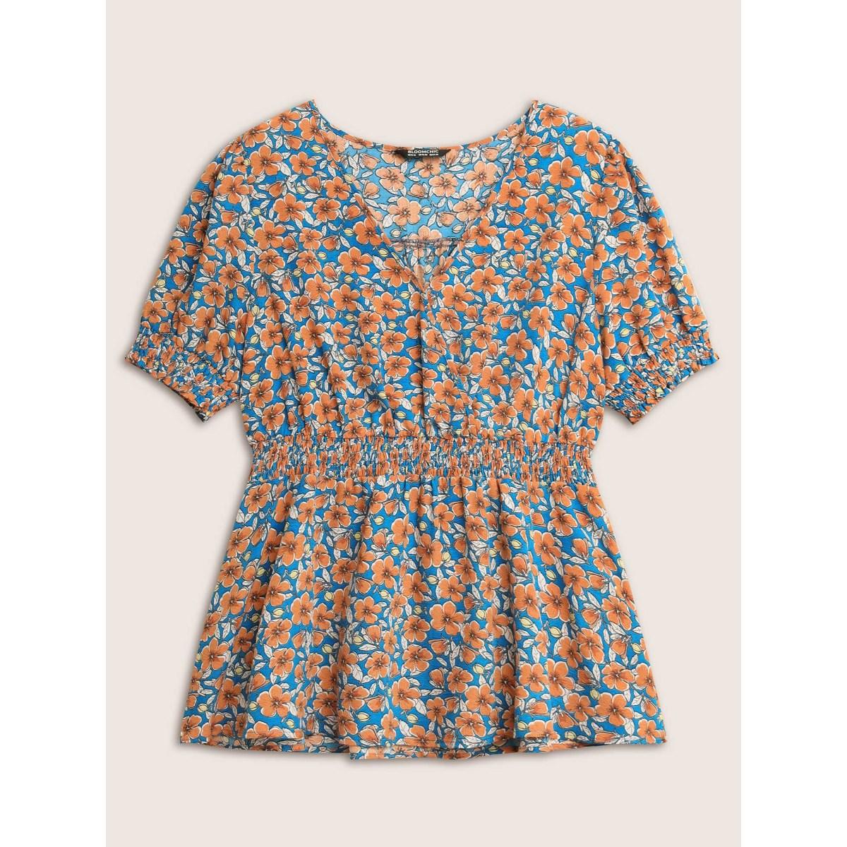 Plus Size Cerulean Floral Surplice Neck Shirred Lantern Sleeve Blouse Women Elegant Short sleeve Overlap Collar Everyday Blouses BloomChic 14-16/1X Product Image