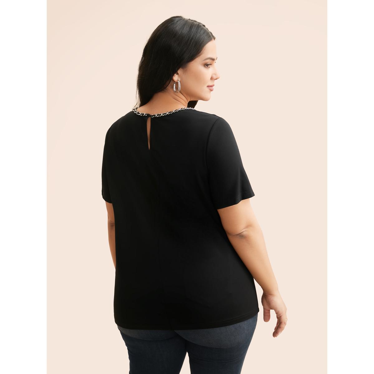 Plus Size Crew Neck Metal Chain Detail T-shirt Black Women Casual Non Round Neck Everyday T-shirts BloomChic 10/M Product Image