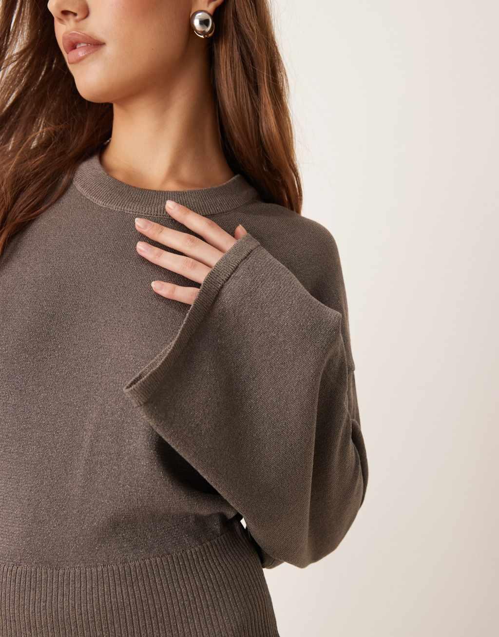 Gina Tricot metallic fine knit sweater with wide sleeves in dark beige - part of a set Product Image