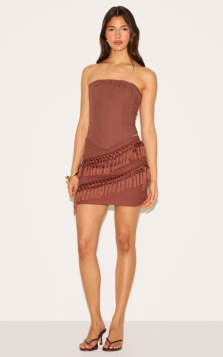 Chocolate Linen Tassle Detail Mini Skirt Product Image