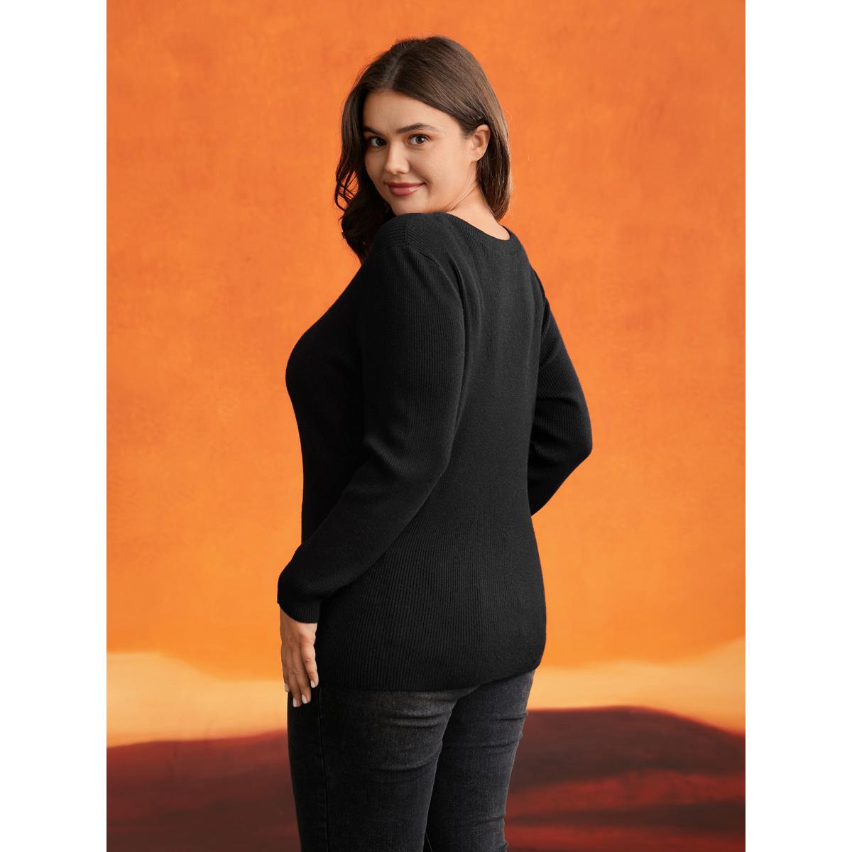 Plus Size Supersoft Essentials Webbed Sheer Heart Slim-fit Pullover Black Women Casual Long Sleeve Round Neck Everyday Pullovers BloomChic 10/M Product Image