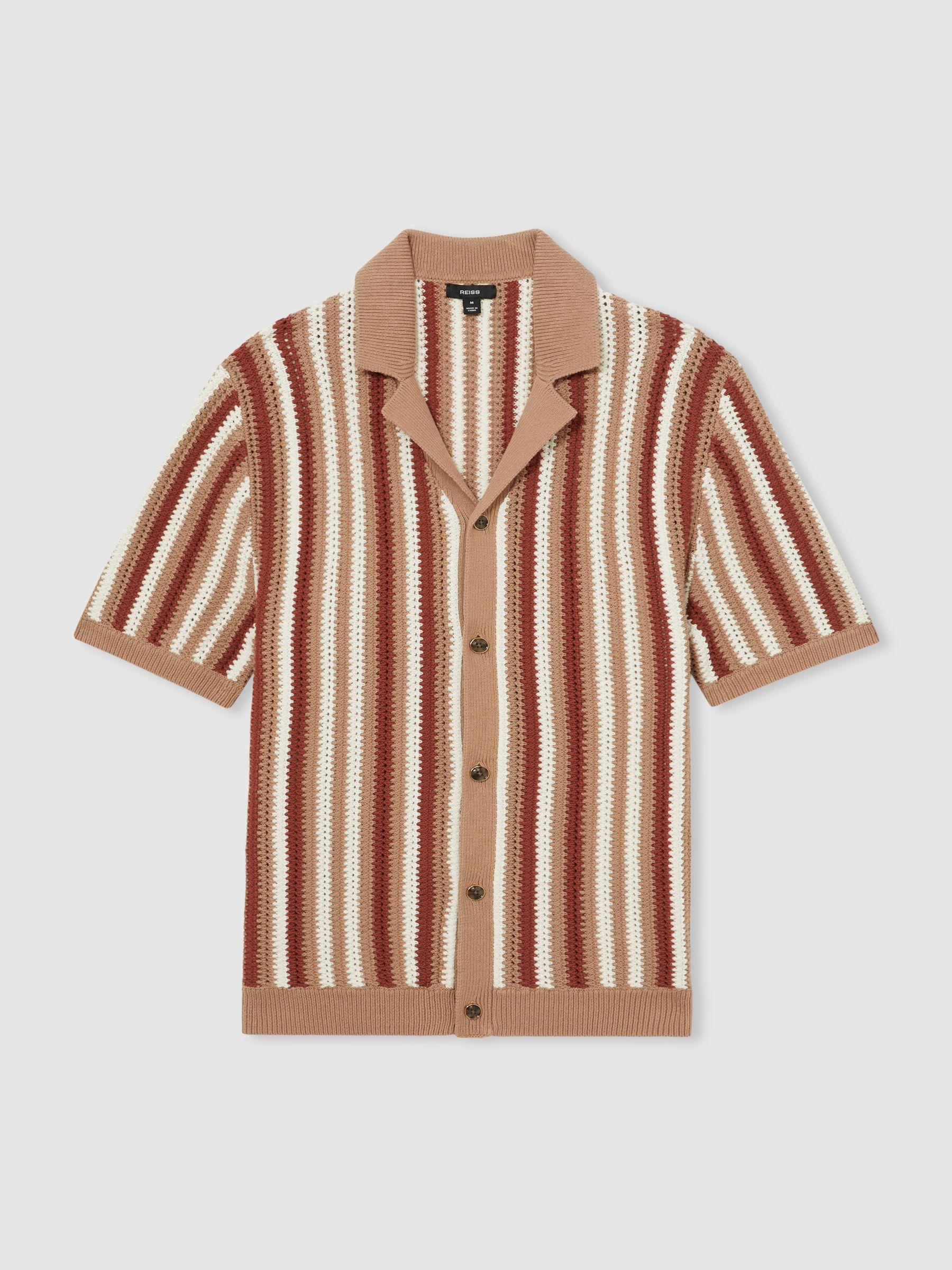 Cotton Crochet Stripe Cuban Shirt in Camel Multi Product Image