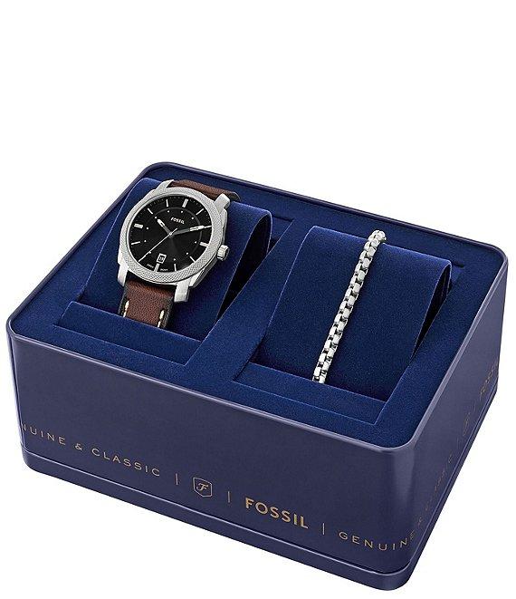 Fossil Men's Machine Three-Hand Brown Leather Strap Watch and Bracelet Set Product Image