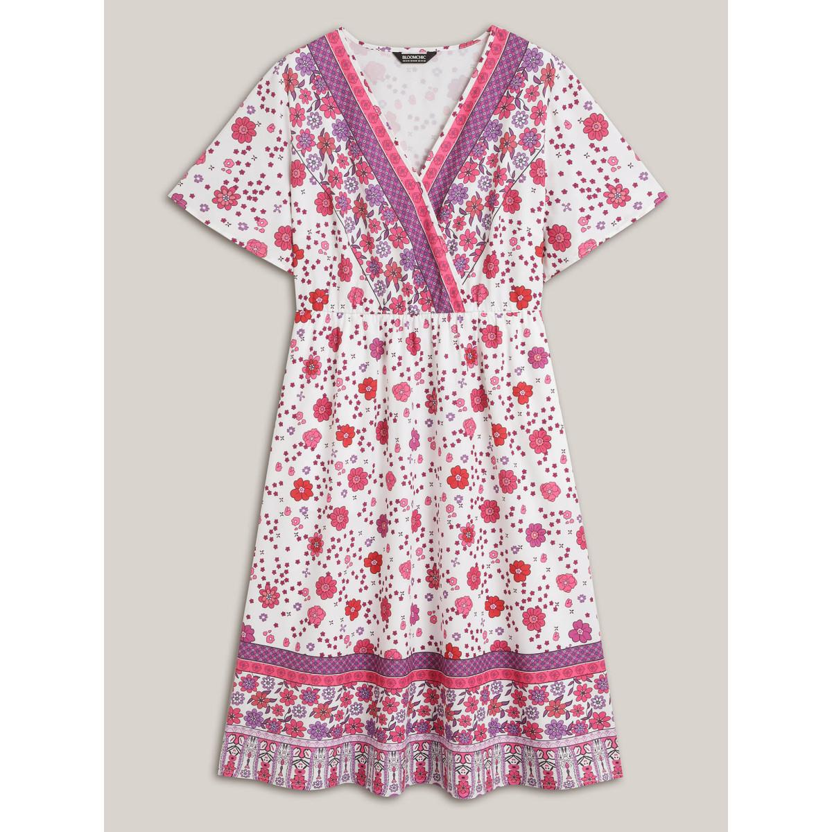 Plus Size Spring Floral Printed Surplice Neck Midi Dress Lilac Women Overlap Collar Short sleeve Curvy BloomChic 28/5X Product Image