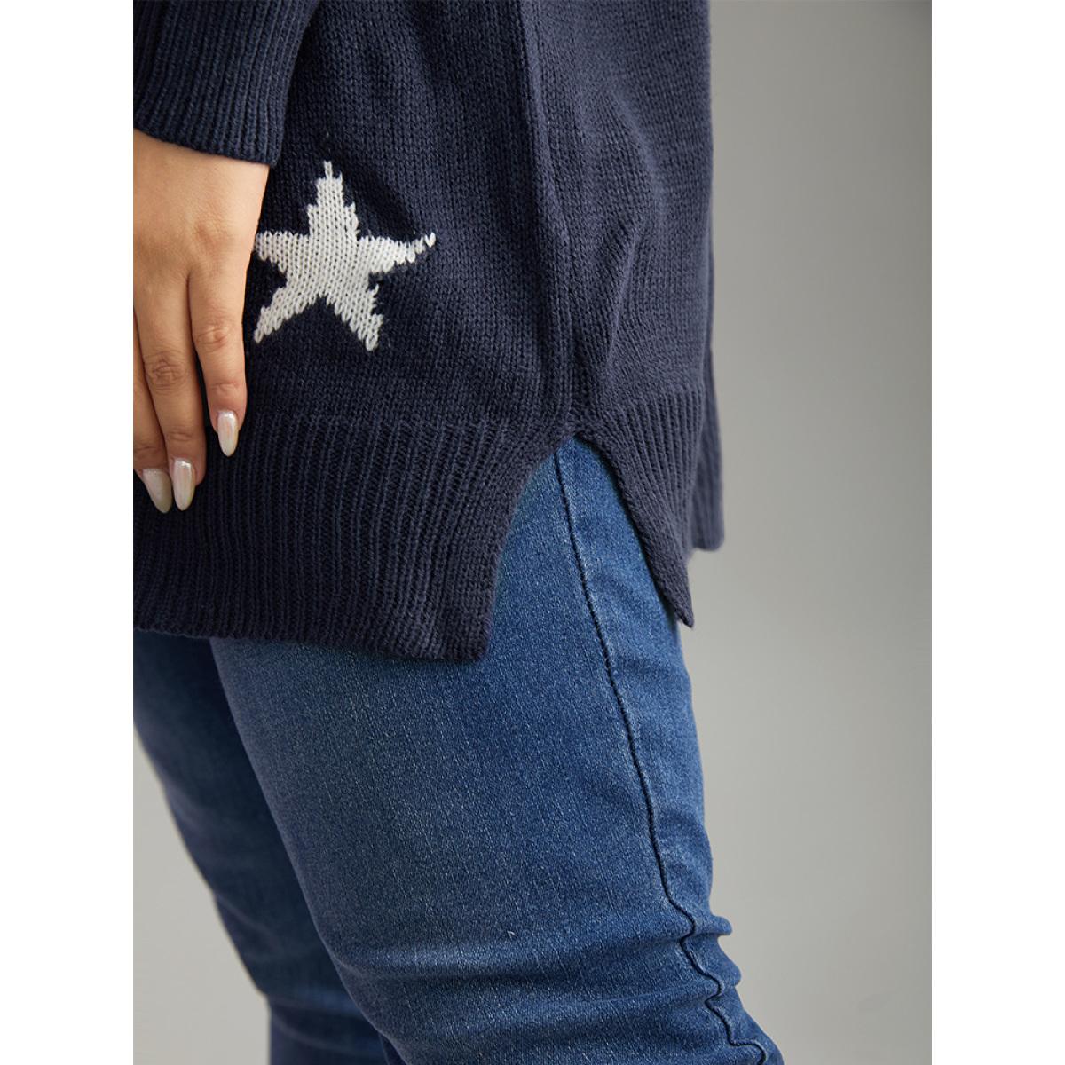 Plus Size Star Print Drop Shoulder Cardigan Indigo Women Casual Loose Long Sleeve V-neck Dailywear Pullovers BloomChic 28/5X Product Image