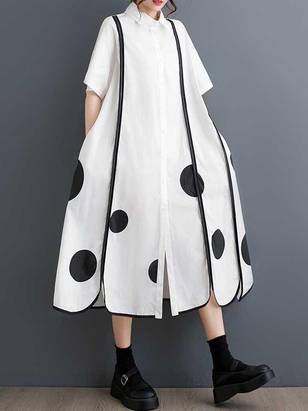 A-Line Half Sleeves Buttoned Pockets Polka-Dot Split-Front Split-Joint Lapel Midi Dresses Shirt Dress Product Image