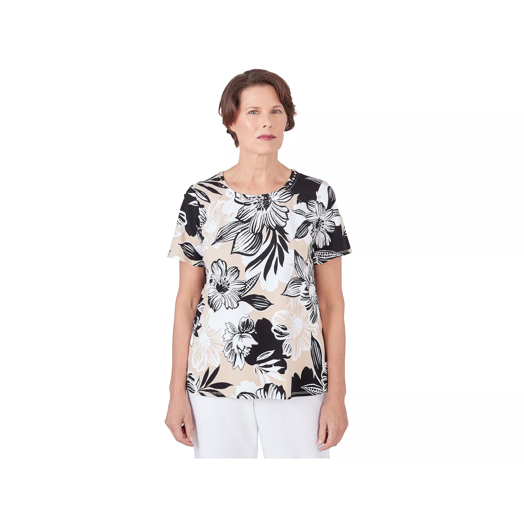 Women's Alfred Dunner Pleated Neck Bold Floral Short Sleeve Tee, Size: Small, Black Product Image