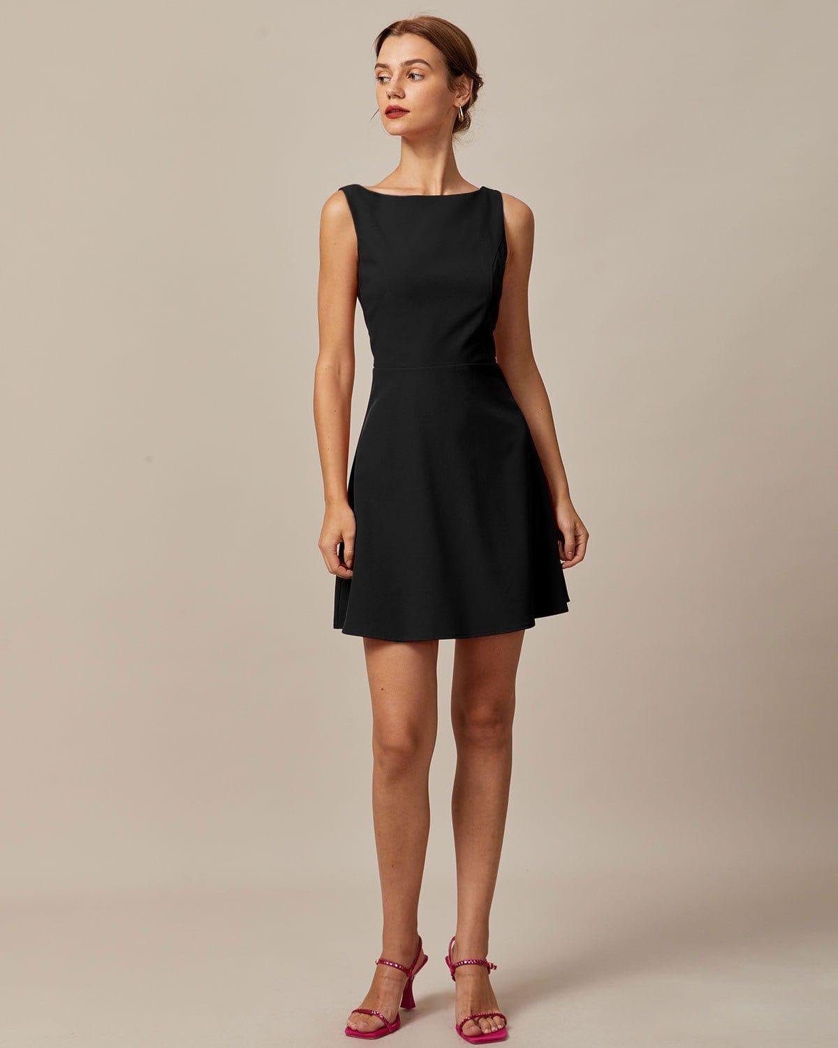 The Black Boat Neck High Waisted Mini Dress Product Image